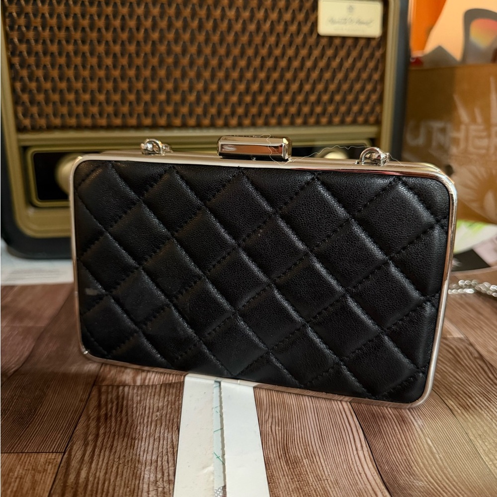Michael Kors Black Quilted Clutch with Silver Frame